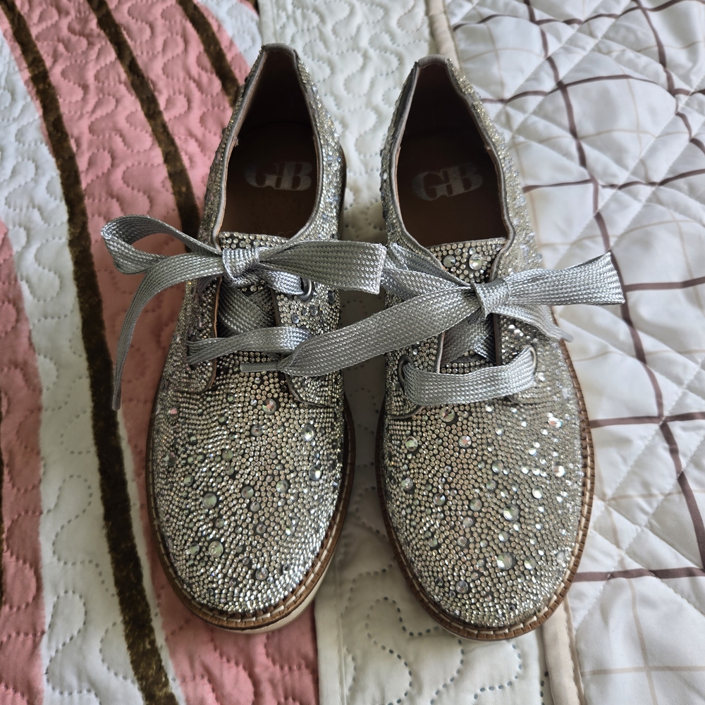 Gianni Bini Silver Crystal Embellished Lace-Up Flats